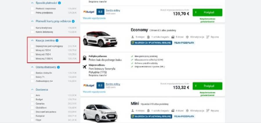 Różnica w cenie wynajmu samochodu z depozytem i bez